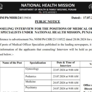 NHM, Punjab Medical Officer Interview Schedule 2024 Check List Now